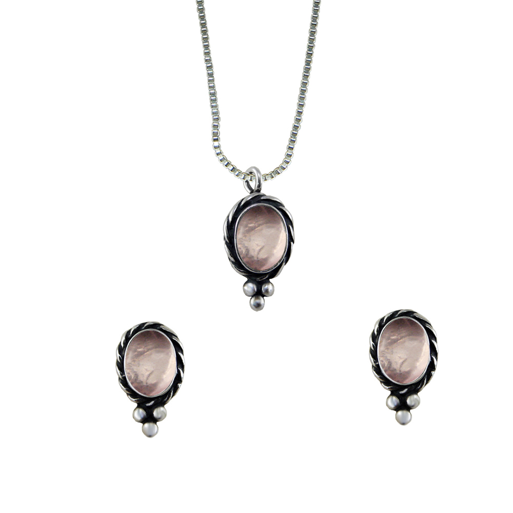 Sterling Silver Petite Necklace Earrings Set Rose Quartz
